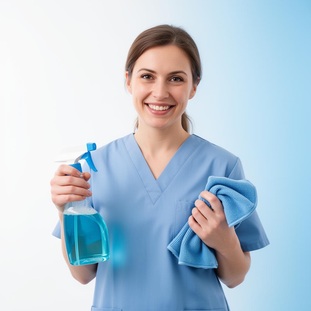 Smiling professional cleaner holding cleaning supplies